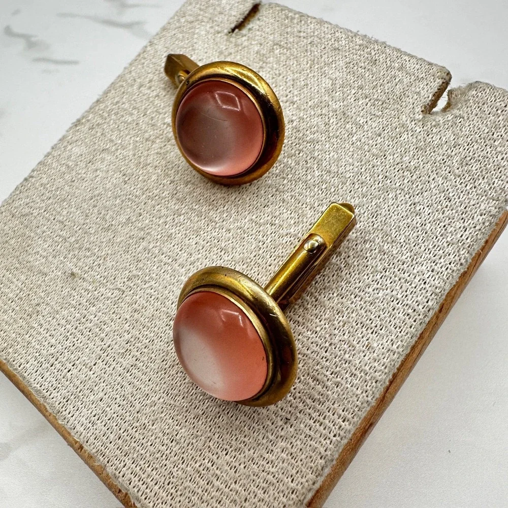 Vintage Gold Tone Round Cufflinks Pink Peach Moonstone Cabochon Mid Century Boho